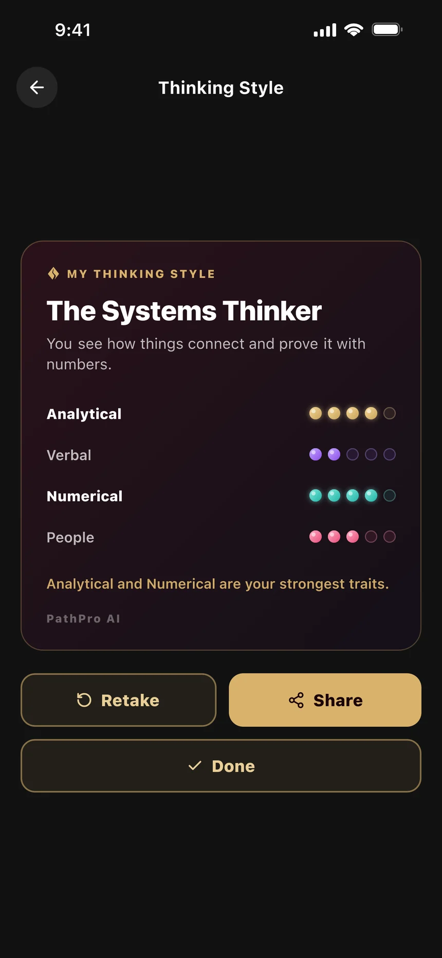 A PathPro AI Thinking Style result card: The Systems Thinker.